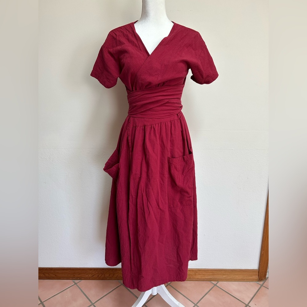 Medium red linen wrap women’s dress with pockets